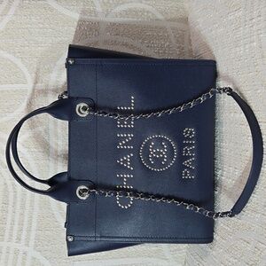 Chanel Deauville MM Navy  Studs 2Way Chain Bag Tote Bag